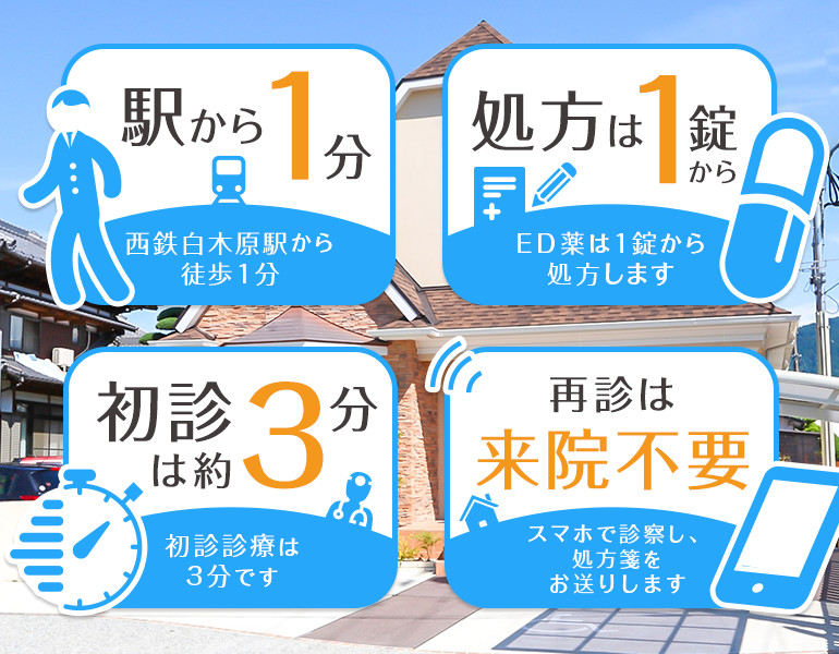 駅から1分 西鉄白木原駅から徒歩1分 処方は1錠から 初診は約3分 初診診療は3分です 再診は来院不要 スマホで診察し、処方箋をお送りします